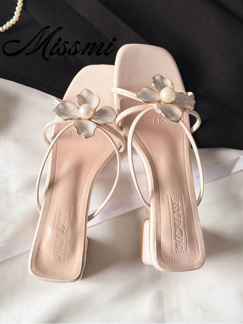 SHEIN Pearl Flower Strappy Heels in Light Pink